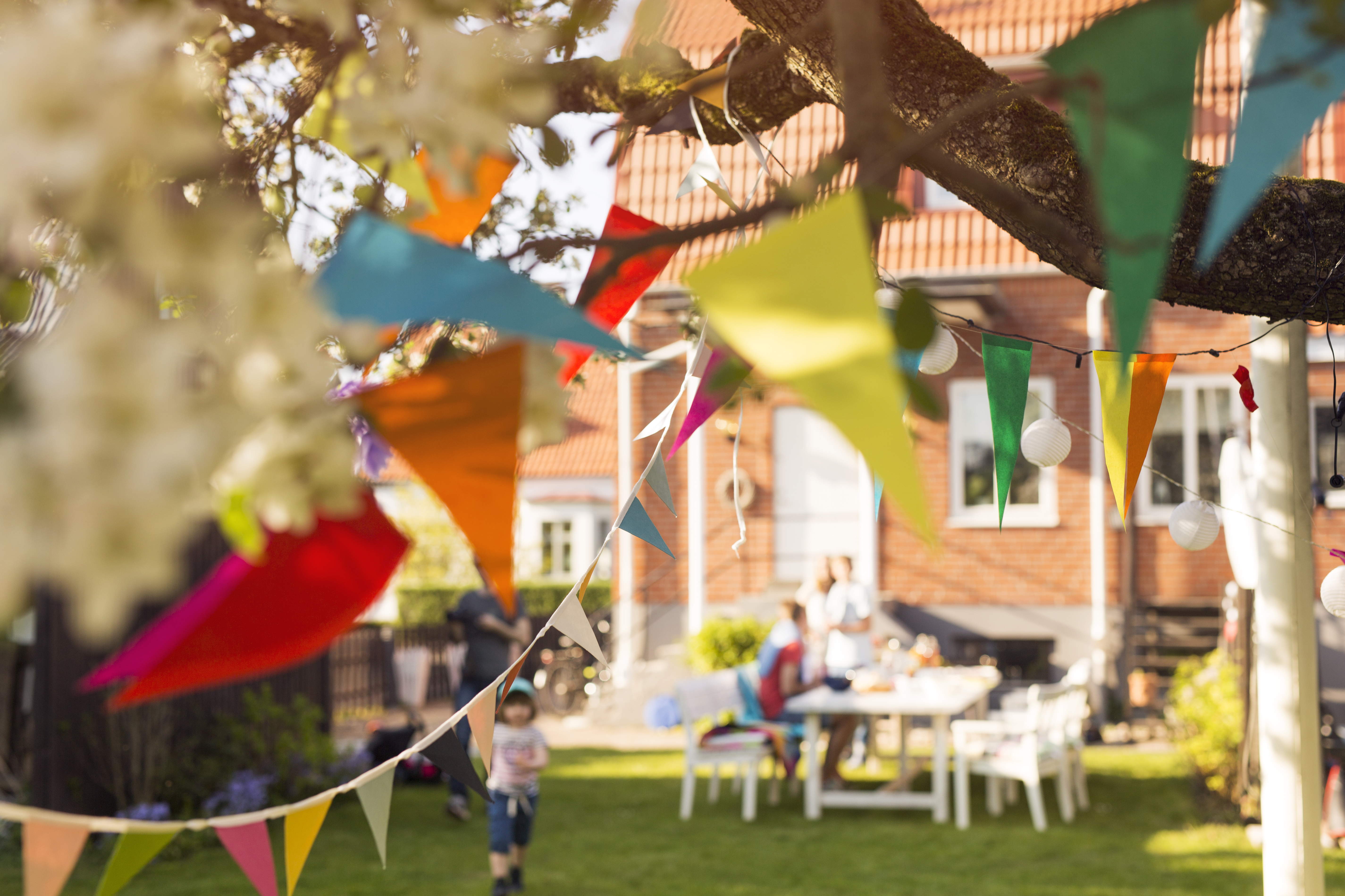 colorful bunting in garden